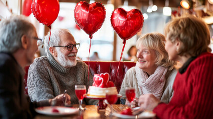 Elderly friends enjoying Valentine's Day celebration in a cozy cafe, surrounded by red heart-shaped balloons and festive decorations, symbolizing love, people, friendship, and togetherness