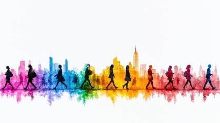 City commute, colorful skyline, diverse people walking, urban landscape, stock photo