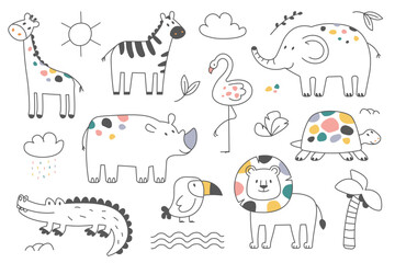 Cute exotic african animals characters outline hand drawn doodle design safari wildlife set