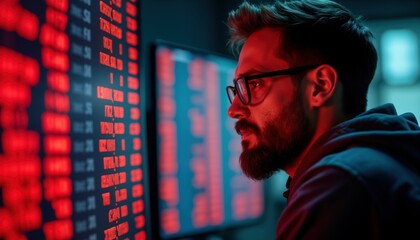 Man focused on computer screen displaying red financial data. Serious expression. Indoor office environment. Works intently reviewing market information. Investment strategy likely in process.