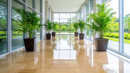 Fototapeta premium Modern office hallway with plants, bright windows, and polished floors; ideal for corporate brochures