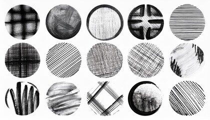 Rough and Rustic Handdrawn Artwork Showcasing Intricate Patterns Lines, Circles, Crosses, Smears, and Strokes on a Clean White Background, Perfect for Graphic Design Elements or Artistic