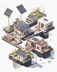 Sustainable Eco-Village: A Futuristic Isometric Rendering of Self-Sufficient Homes Powered by Renewable Energy.