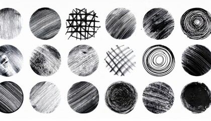 Gritty and Eclectic Collection of HandDrawn Textures against a Pure White Backdrop Intricate Patterns of Lines, Circles, Crosses, Smears, and Strokes Perfect for Artistic Design Elements and