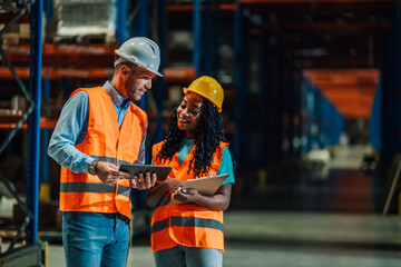 Warehouse workers using digital tablet and clipboard for inventory management