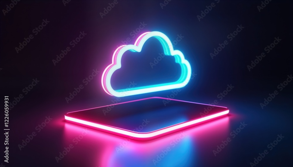 Aufkleber neon cloud symbol hovers above glowing tablet on dark background. futuristic tech interface concept.