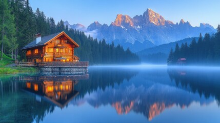 Fototapeta premium Serene Mountain Lake House at Dawn