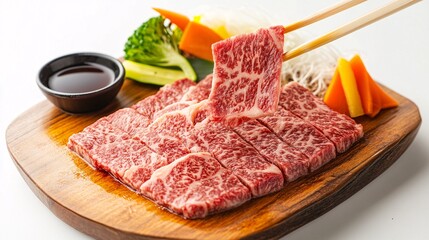 Chopsticks picking up a tender, marbled wagyu beef slice, served on a wooden plate with grilled vegetables and a soy-based sauce