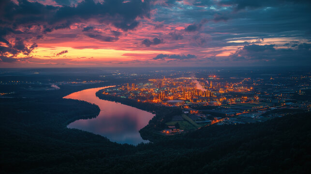Serene twilight over industrial city river reflects fiery sunset