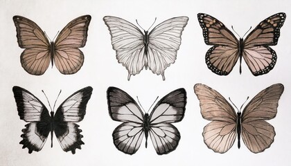 Vibrant Collection of Five Different Forms of Butterflies, Captured in Stunning Detail as they Rest and Take Flight against a Backdrop of Dusky Skies.