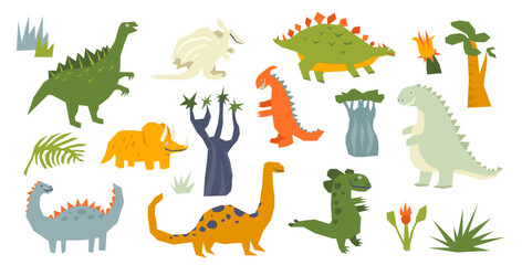Cute dinosaurs childish characters from Jurassic park prehistoric period set in paper cut style