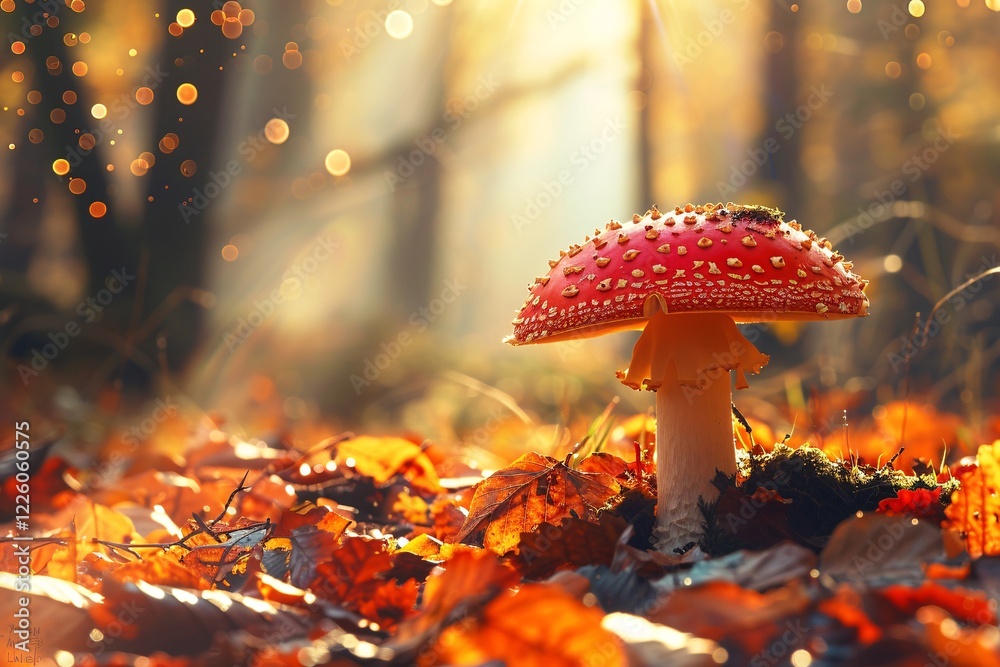Aufkleber red and white mushroom grows amidst fall leaves with sunlight filtering through the trees