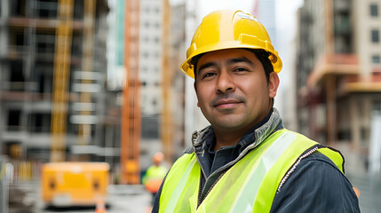 Hispanic male construction worker wearing a hard hat on a busy building site