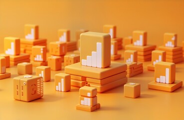 Obraz premium Abstract graphic design with orange cubes. Colorful geometric shapes symbolize data growth, digital trends. Modern tech design concept. Picture represents social media analytics. Array of cubes