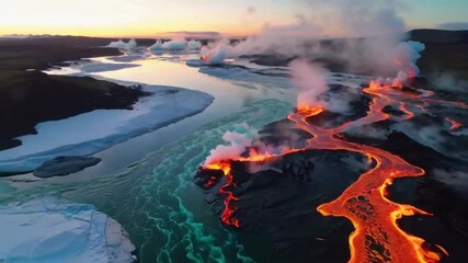 A lava flow is seen in the distance, with a river of greenish-blue water flowing through it. The scene is both beautiful and dangerous, as the lava is hot