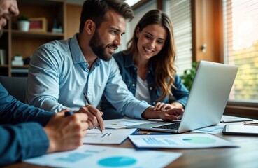 Business team works together on laptop, documents. Analyze data on papers, discuss project on computer screen. Collaboration, document management key for business efficiency. Modern office setting.