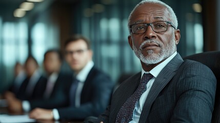Senior businessman pensive in boardroom meeting