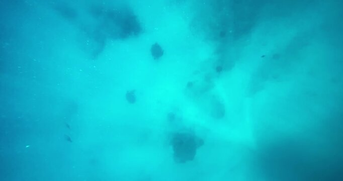 Snorkeling in Hawaii turquoise water pov. Professional diver searching for drowned person or hidden treasure. Sunrays shine visible.