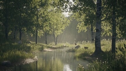 Fototapeta premium Peaceful forest scene with sunlight filtering through trees and a gentle stream flowing