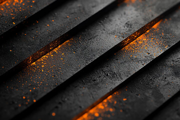 Close-up of textured black metal strips with glowing orange sparks, creating an industrial atmosphere