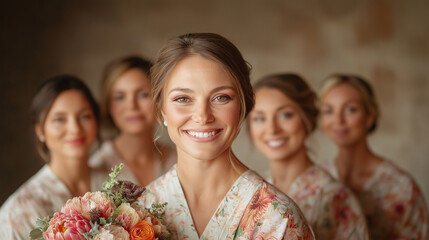 Obraz premium Radiant bride with joyful bridesmaids in floral robes preparing for wedding celebration against soft blurred background