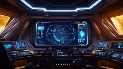 Futuristic Spaceship Bridge: A 3D Render of a High-Tech Cockpit