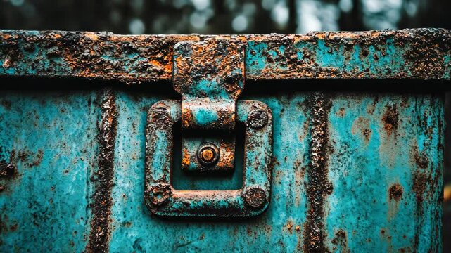 Rusty blue industrial container highlighted under natural light in an outdoor setting