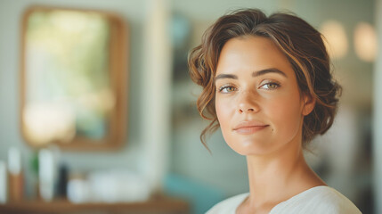 Naklejka premium Natural beauty portrait of freckled woman with curly hair against soft indoor lighting
