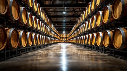 Rows of oak barrels in a wine cellar