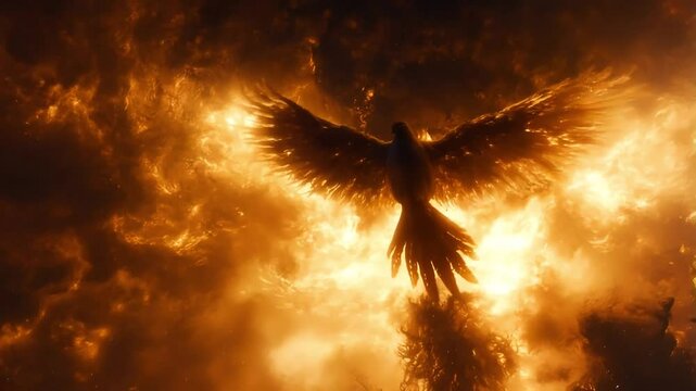 Fiery Phoenix rising amidst inferno, dark landscape