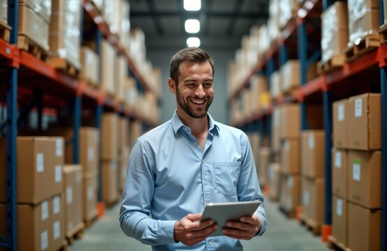 Happy warehouse worker checks supplies on tablet. Smiling man in light blue shirt looks optimistic standing amidst stacked boxes. Works in large hardware store. Worker possibly supervisor, overseeing