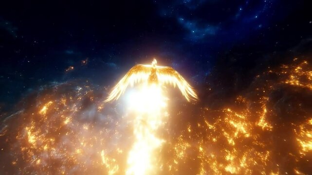 Fiery phoenix rising cosmic nebula background, rebirth concept