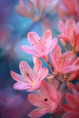 Fototapeta premium Pink lilies are blooming in a garden, creating a beautiful and delicate scene with a soft focus background