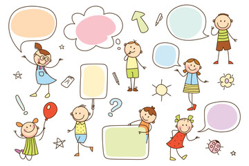 Cute happy curious children characters and empty blank speech bubbles hand drawn doodle design