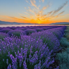 Fototapeta premium Captivating Lavender Field at Sunrise with Vibrant Purple Blooms and Serene Morning Sky in Provence French Countryside Perfect for Nature Landscape Photography