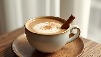 A warm autumnal beverage, featuring a latte art design and a cinnamon stick.