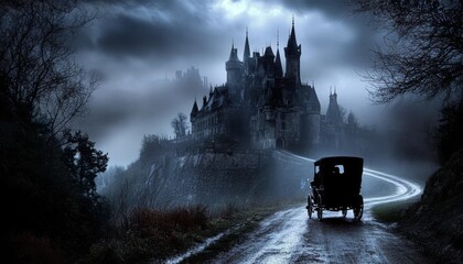 A gothic adventure unfolds as a hansom carriage nears a vampire's lair.