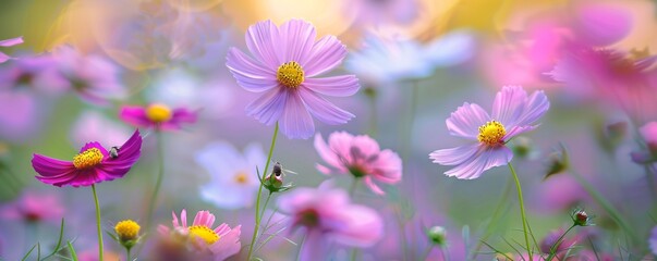 Gorgeous pink and purple cosmos flowers dancing in the breeze under the sun