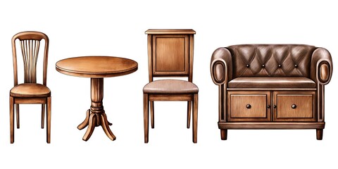 Realistic Illustration of a Series of Classic Wooden and Leather Furniture Pieces