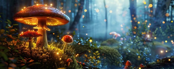 Naklejka premium Magical glowing mushrooms illuminating a mysterious forest at night with fireflies flying around