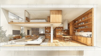 Architectural Sketch: Modern Two-Story House Design with Open Floor Plan