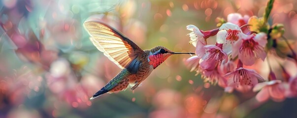 Naklejka premium Hummingbird is hovering and drinking nectar from a pink flower with its long beak