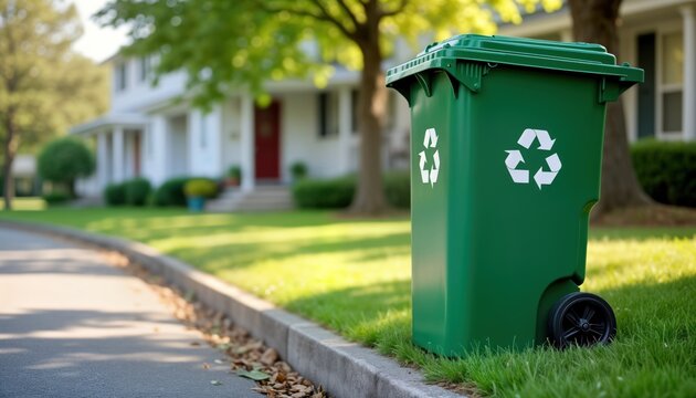 Green recycling bin stands on residential street. Eco-friendly initiative promotes waste management, sustainability. Cleanliness, civic responsibility in suburban neighborhood. Recycling program