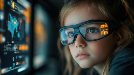 Child with futuristic glasses at computer monitors, global data displayed
