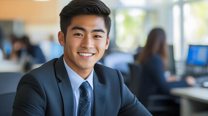 Asian male office worker in business attire sitting at a desk in a modern office