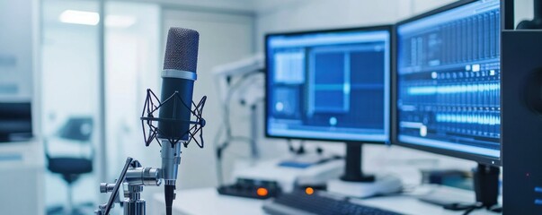 Fototapeta premium Professional Recording Studio Setup: Microphone, Monitors, and Audio Interface
