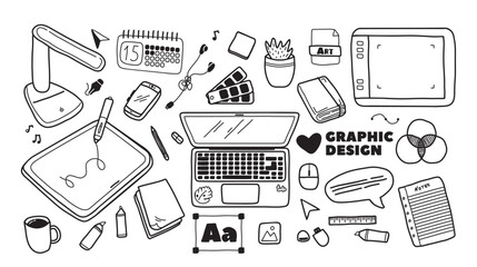 Graphic designer workspace with office accessories and digital gadget for creative job doodle set © Mykola Syvak