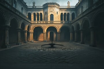 Fototapeta premium Discover the charm of a fairy-tale castle's spacious courtyard.