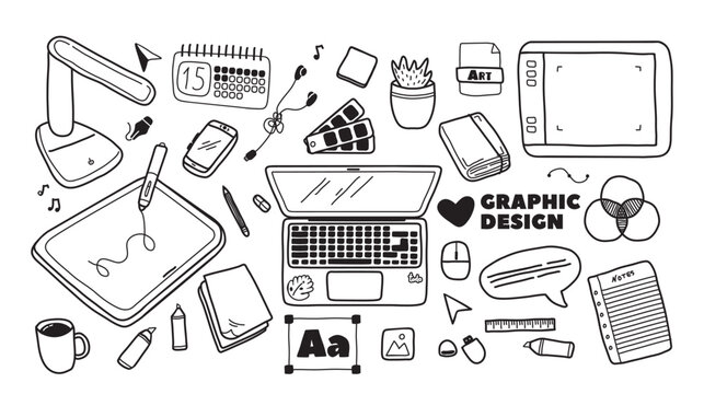 Graphic designer workspace with office accessories and digital gadget for creative job doodle set