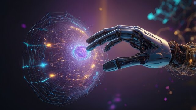 A surreal AI-inspired design of a robotic hand reaching out to a digital hologram, surrounded by futuristic light trails in shades of purple, teal, and amber.